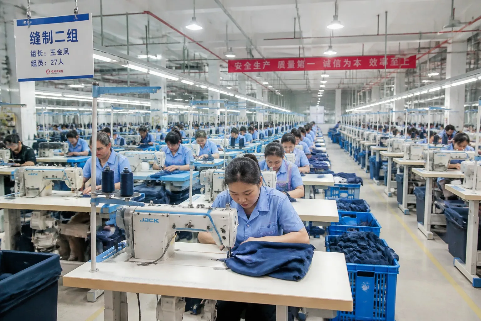 Hijab factory production line with industrial sewing machines in Yiwu